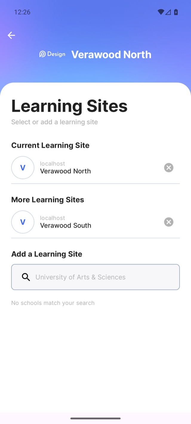 Android Learning Sites with Verawood North selected and Verawood South also signed in.