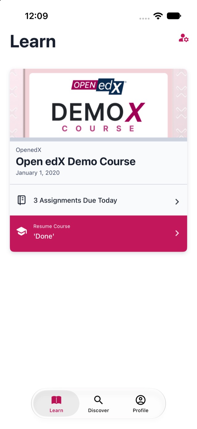 Verawood South's iOS learning dashboard with pink accents and the Open edX Demo Course.