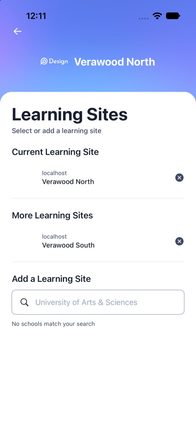 iOS Learning Sites with Verawood North selected and Verawood South also signed in.